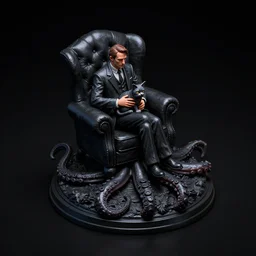 isometric view miniature - howard phillips lovecraft hold the cat on the lap, man dressed suit sit in tall leather armchair, base as big tentacle with suction cups, and wall darkness, black resin material, black background, octane render, forelight, highly detailed intricate matte sharp focus digital painting artstation pixiv