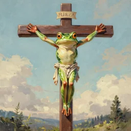 whimsical painting of a crucified frog, digital painting, studio ghibli, 8 k, trending on artstation