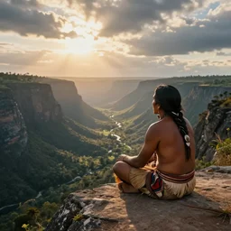 an indigenous man sitting at the top of a cliff, looking down at the valley, doing a vision quest