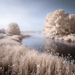 early morning fog on a river surrounded by wildflower meadow by justin minns, infrared photography, beautiful morning light