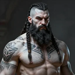 concept art of a tall muscular man, with a full black beard, barbarian with white and gray skin, very short hair on sides of head, long braided hair on top of head, tribal tattoos on chest, grog, upper body portrait, style by donato giancola, wayne reynolds, jeff easley dramatic light, high detail, cinematic lighting, artstation, dungeons and dragons