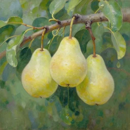 oil painting of translucent pears on tree by greg manchess