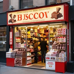 photo from the street of a chocolate and sweets and snacks shop in times square