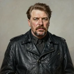 portrait of joseph stalin in black leather jacket, gritty, very detailed, hyperrealistic, medium shot, very detailed painting by Glenn Fabry, by Joao Ruas
