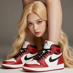 a close up of a beautiful princess with long golden hair wearing Nike Jordans