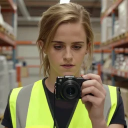 photo, close up, emma watson in a hi vis vest, in warehouse, android cameraphone, 2 6 mm, low resolution,