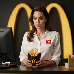 Angelina Jolie working as a McDonalds cashier, macro, dramatic, HD
