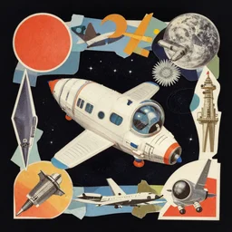 A collage of Space Travel, mid-century modern, made of random shapes cut from magazines