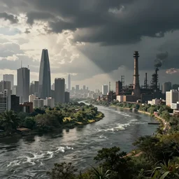 lost beautiful natural city and polluted industrial city separated by river futuristic doomsday