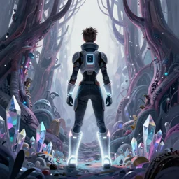 A modern digital art painting comic book cover of a character with glowing boots and gloves, futuristic clothes and back to the camera, looking up at a alien forest of crystal trees and glass flora and giant gemstones, there is a glowing tower in the distance with the camera looking up at it. artstation, stylized, dramatic lighting, purple and green