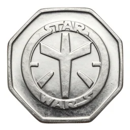 silver hexagonal coin with a relief of star wars empire logo