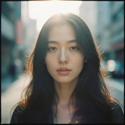An analog head and shoulder frontal face portrait photography of a woman by Nina Masic. Long soft hair. CineStill 800T film. Neo Tokyo mood. detailed. hq. realistic. muted colors. lens flare. Glare and bloom. photoreal. Medium format photography. Rembrandt light mood. Golden hour. Leica M9.