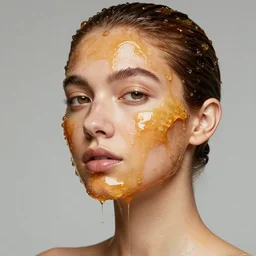 fashion model with head and face covered in honey, studio lighting, ultra detail, photograph