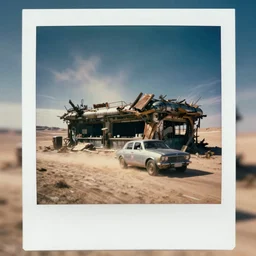 polaroid photograph, travel photography, driving past an abandoned cyberpunk bar made of scrap metal and scrap wood in the desert of a gloomy alien world, motion blur, brilliant lighting