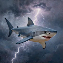 Flying cyborg shark in a thunderstorm, dramatic lighting pastel painting, extremely hight detail