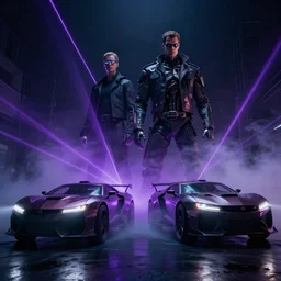 movie still cyberdyne cars from terminator, dark cinematic lighting, smoke, atmospheric, purple lasers, low angle photography, beautiful, cyberpunk, artstation,