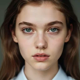 “ attractive beautiful brown hair young model close up wearing shirt, soft, cute, 1 9 6 0 ’ s fashion, 1 5 0 mm f 2. 8, extreme close up face shot, hasselblad, art, brian ingram, david lazar, lisa kristine, steve mccurry, high quality, symmetrical face, clear skin, 4 k, dramatic lighting, award winning ”
