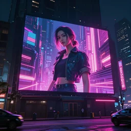 cyberpunk city street with giant neon builboard, digital art, unreal engine, artstation