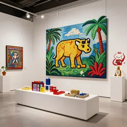 kuna embroidery tropical digital art, concept art, lego by keith haring colored design showroom, dealership, indoor display, convention, exhibition, a contemporary art gallery, masterpiece