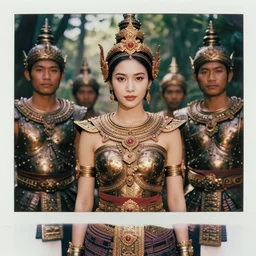 matte close - up portrait of beautiful and smart khmer warlords who assemble in the forest backlighting, ethnic costume, bronze armored, traditional decoration, elegant, loin cloth, highly detailed, 8 k, cinematic lighting, global illumination, ornate, super detailed, faded color polaroid, a colorized photo, colorized, # film, movie still