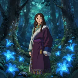 beautiful Himalayan woman, sci-fi tibetan fashion, brown very long hair, somber, vibrant, scene of a summer forest with glowing blue lilies, dramatic light, wide angle , 8k hdr by Makoto Shinkai and Wojtek Fus, by studio trigger, rossdraws, ambient occlusion