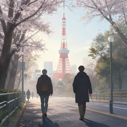 morning walk around tokyo. volumetric lighting, spring early morning, dew, nice weather, realistic illustration, perfectly shaded, digital painting, unreal engine render, art by krenz cushart and nixeu