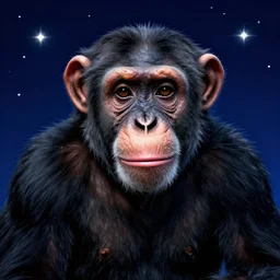 portrait of chimpanzee in space, stars in the background, dark blue background, digital art