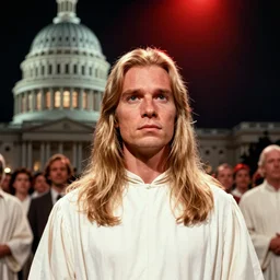 6 0 year old linus roache with long blond hair, wearing a white cult robe, detailed face, cult meeting, capitol building background, nighttime, red spotlight, one person, cinestill 8 0 0 t, 1 9 8 0 s movie still, film grain