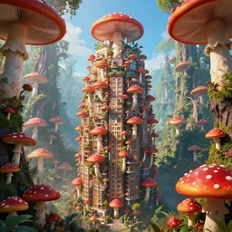 a single centered magnificent mushroom skyscraper hotel, heavily populated and full of life, red mushroom with white spots, mushroom fairy forest, unreal engine 5, immense sense of scale, digital art, by beeple, by noriyoshi ohrai, trending on artstation