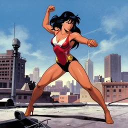 in the style of joshua middleton and tim sale, electra on a rooftop, action pose