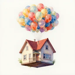 a house floating with balloons attached to the top, watercolor on paper, high detail, hyperrealism, photo realistic, masterpiece, trending on artstation,