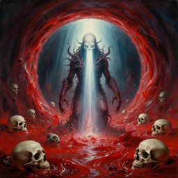 portrait study, a realistic painting of a lovecraft cthulhu creature inside a singular portal hell gate, shining its light across a tumultuous sea of red fluids and skulls by zdzisław beksinski and h. r. giger, : : holographic fractals : : by karol bak, artgerm, moebius, elena masci, tom bagshaw, giuseppe