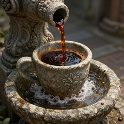 an intricate detail of a large stone fountain of coffee mug with black coffee flowing in it and hot spring,  fantasy, highly detailed, cinematic lighting, volumetric lighting,  Artstation, concept art, hyper realistic, cgsociety
