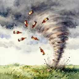 bottles of beer being tossed by a tornado, watercolor