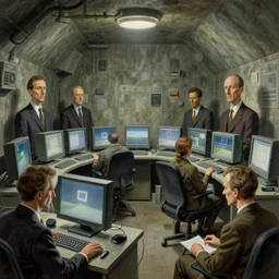 inside cia bunker room with computers, highly detailed, very coherent, painted by francis bacon and edward hopper, wayne barlowe, painted by james gilleard, surrealism, airbrush, art by jamesjean