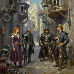 oil painting steampunk alley with characters from Game of Thrones by James Gurney, Thomas Kinkade, Ralph Horsley vivid color