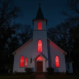 photograph of a midwestern church at night with red light coming from the windows, ominous forest in the background