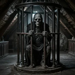a disturbing, melancholy photograph of a solemn golem locked up in a synagogue attic