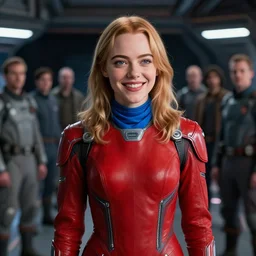 cinematic portrait of young smiling teenage emma stone in red futuristic jumpsuit, blue scarf, space station at background, high detail, 8 k, sharp focus, movie still, dramatic lighting, ray tracing, smooth, lane brown, finnstark, oleg bulakh, diego fazio, mike dargas, emanuele dascanio, felix englund, michal karcz