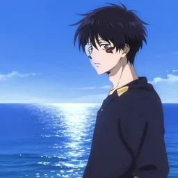 Clear blue sky being reflected in the sea in the style of the anime Tokyo Ghoul