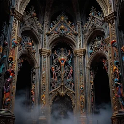 dark baroque neoclassicist cathedral halls ornately decorated with filigree and sci - fi colorful alien organic textures. close - up view, detailed iridescent textures. glowing fog, dark black background. highly detailed fantasy science fiction painting by moebius, norman rockwell, frank frazetta, and syd mead. rich colors, high contrast