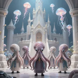 group of mankind mages with octopus heads a lot of jellyfish floating around inside an ancient mage castle hall colossal scale, gothic and baroque, brutalist architecture, ultradetailed, Intricate by Ellen Jewett and Josan Gonzalez and Giuseppe Arcimboldo