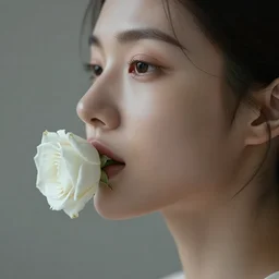hight focus of a wonderful realistic sweet wonderful symmetrical profile portrait of a lady with a clear skin, she has a realistic white rose on her lips, dramatic light, cinematic, artstation, octane render, wonderful background 8 k s 1