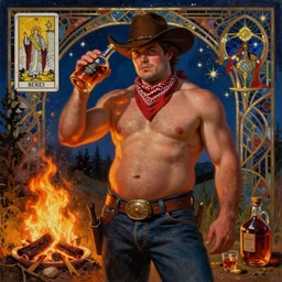 a dramatic, epic, ethereal painting of a handsome thicc mischievous shirtless cowboy! with a beer belly wearing a large belt and bandana holding a whiskey bottle | background is a late night campfire with food and jugs of whisky | homoerotic | fire, flames, stars, tarot card, art deco, art nouveau, mosaic, intricate | by Mark Maggiori | trending on artstation