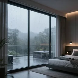 a closeup view from a glass windows with a raindrop inside a modern bedroom, unreal 5, hyperrealistic, realistic, photorealistic, dynamic lighting, highly detailed, cinematic landscape, studio landscape, studio lighting
