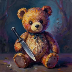 teddy bear scary monster with the knife in his hand atmospheric lighting, colorful painting, golden ratio, by Jason Edmiston