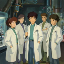 oil sci fi painting of a group of scientist, with lab coats, in a laboratory, octane rendering, trending on artstation, by, studio ghibli, michael whealan and james gurney
