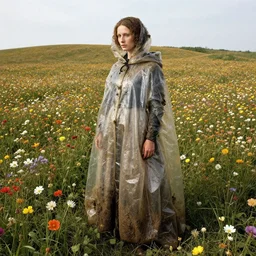 a woman wearing a cloak made of plastic an mud, in an infinite landscape of flowers, by jan van eyck, canon eos c 3 0 0, ƒ 1. 8, 3 5 mm, 8 k, medium - format print