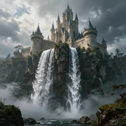 a fantasy castle on top of a waterfall, beautiful enchanted landscape, environment, low angle view, hyper realism, concept art, low angle, high detail, volumetric, dramatic lighting, long shadows, ominous, misty, beautiful, by wadim kashin, breathtaking scene, cinematic, 8 k