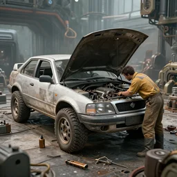 repairing a vehicle on a machine world, year 2 3 7 7, photorealistic